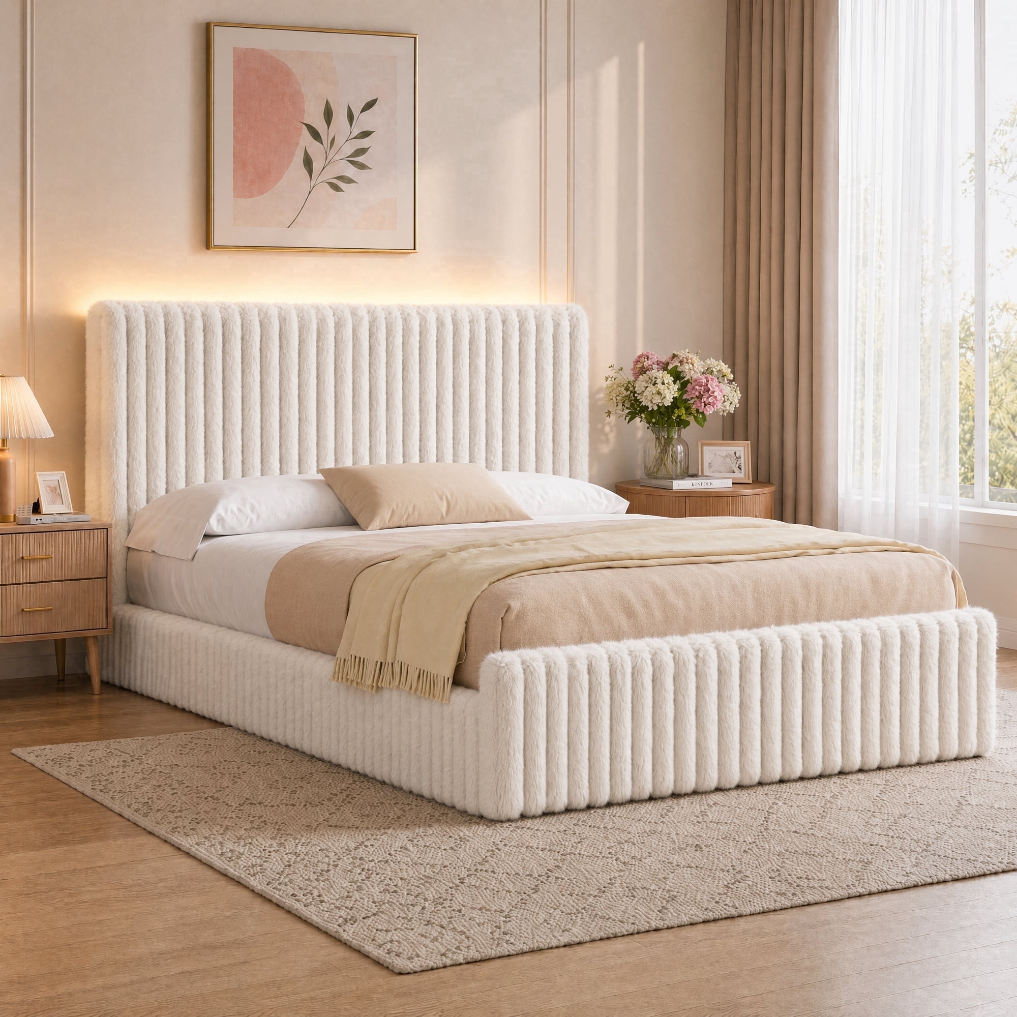 Hiphuta Queen Bed Frame, Pink Velvet Upholstered Headboard, LED