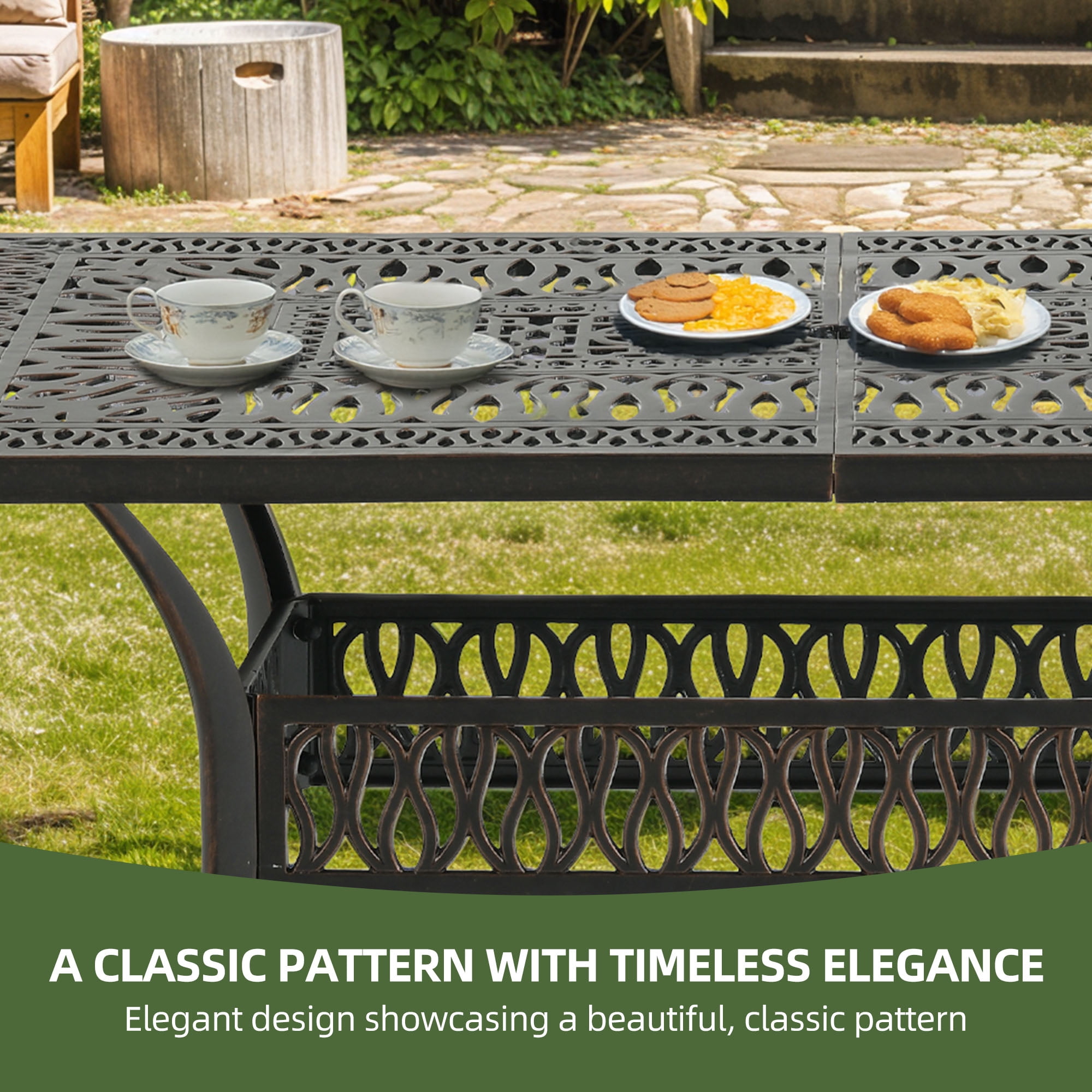 Uforic 6-Person Outdoor Rectangular Cast Aluminum Dining Table with Umbrella Hole, All-Weather Resistance, Black