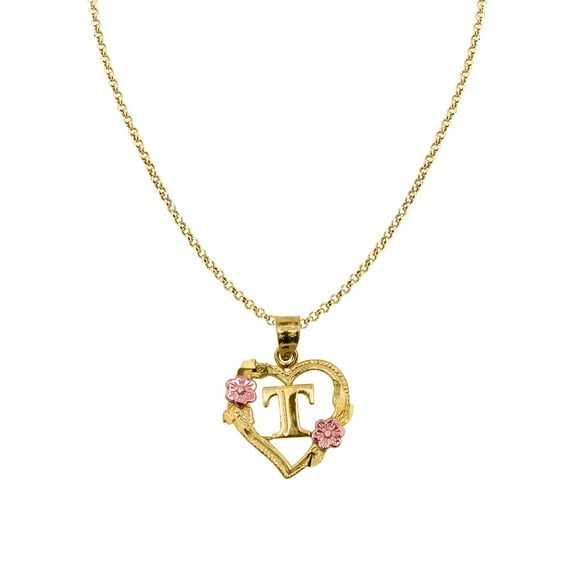 Genuine 14k Two-tone Gold 0.66" Floral Heart Initial T Pendant Necklace 16", 18", 20", 22" Trendy Charm Initial Necklaces for Women