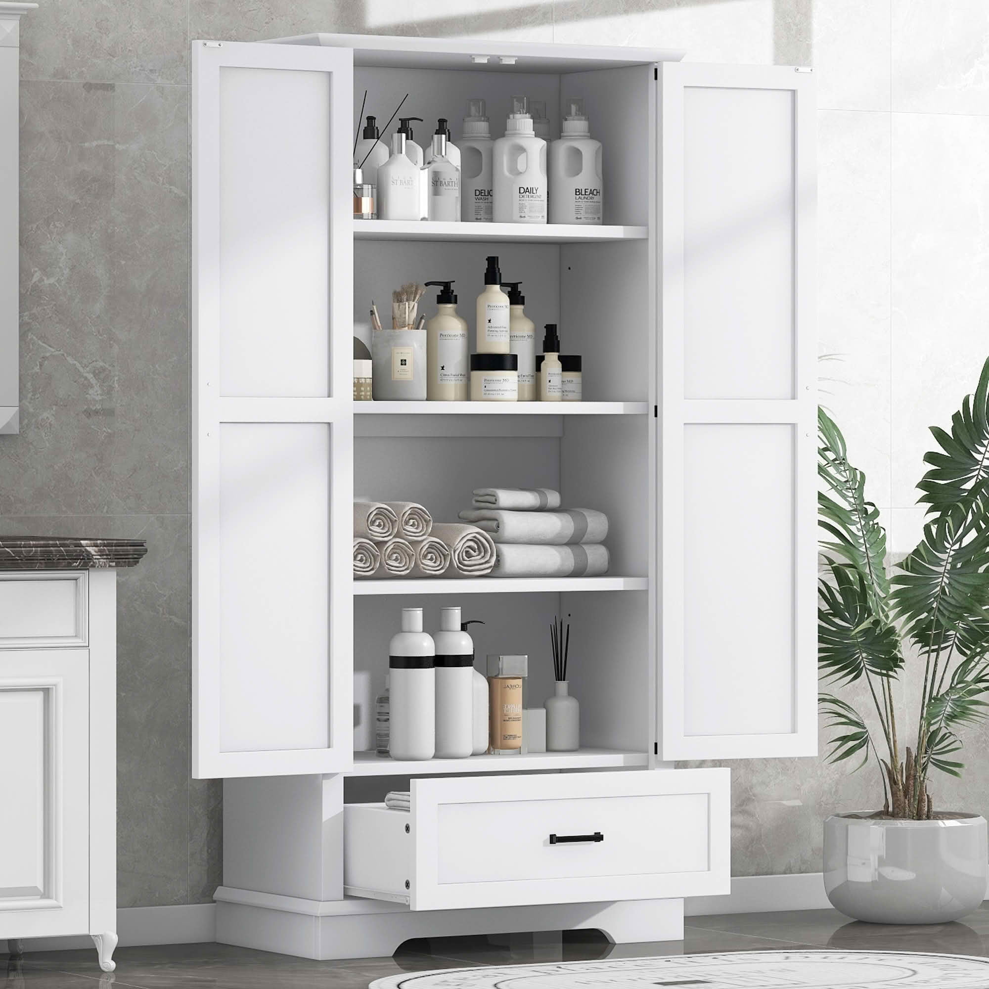 MAYEERTY Tall Bathroom Cabinet 2 Doors 1 Drawer Adjustable Shelf MDF White