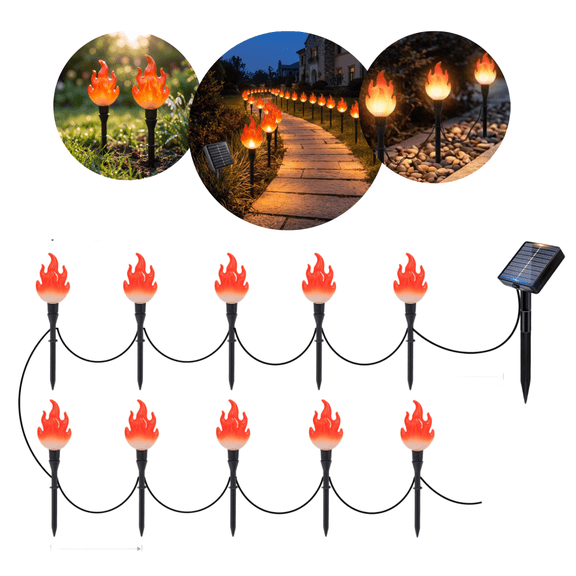 1Set Solar Flame Stake Lights, Waterproof LED String Lamp, 11M 20‑Light 8‑Mode Outdoor Lighting for Yard Patio Holiday Decoration