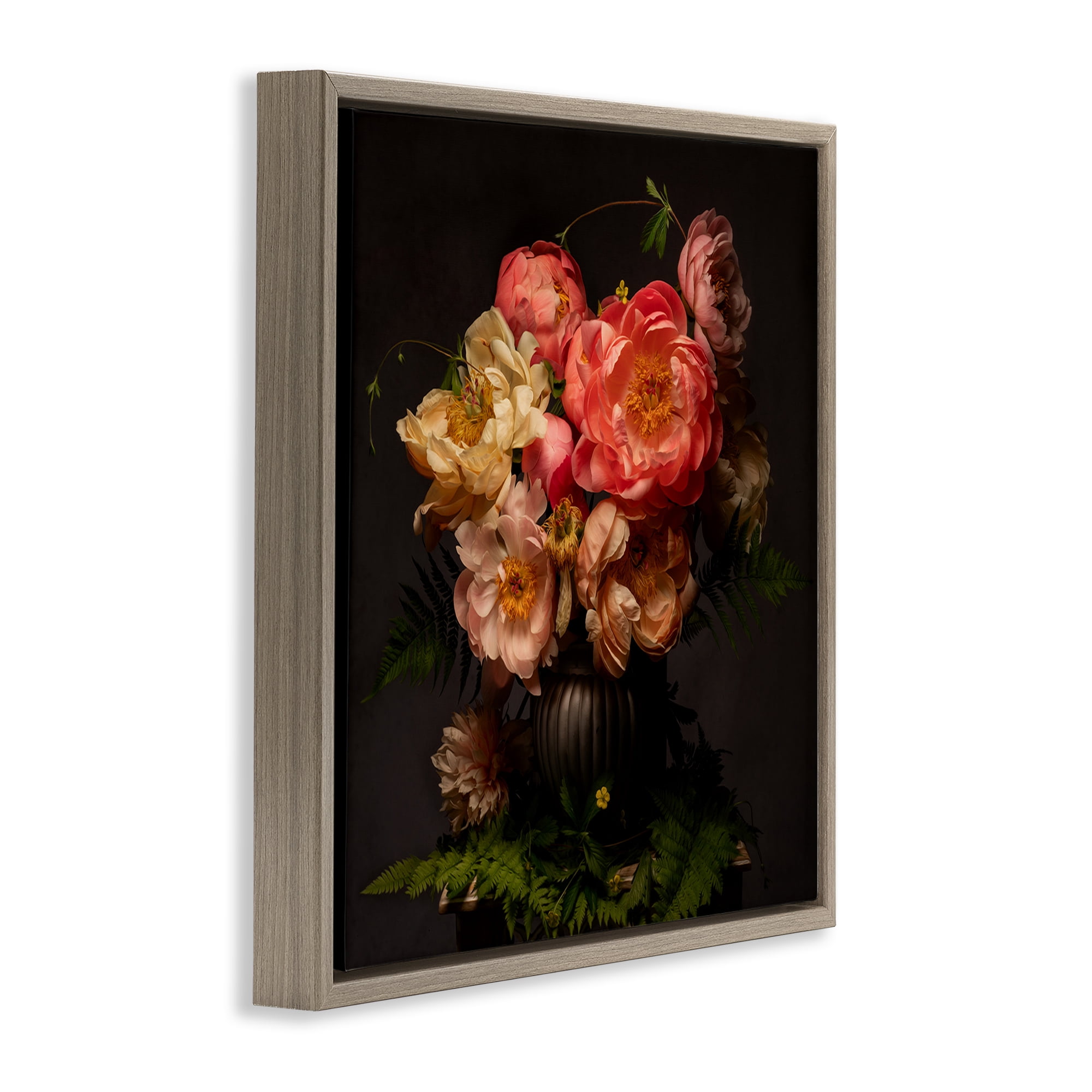 Stupell Industries Peonies & Ferns Bouquet Plants & Flowers Photography Brown Floater Framed Canvas Art Print Wall Art, 18 x 18