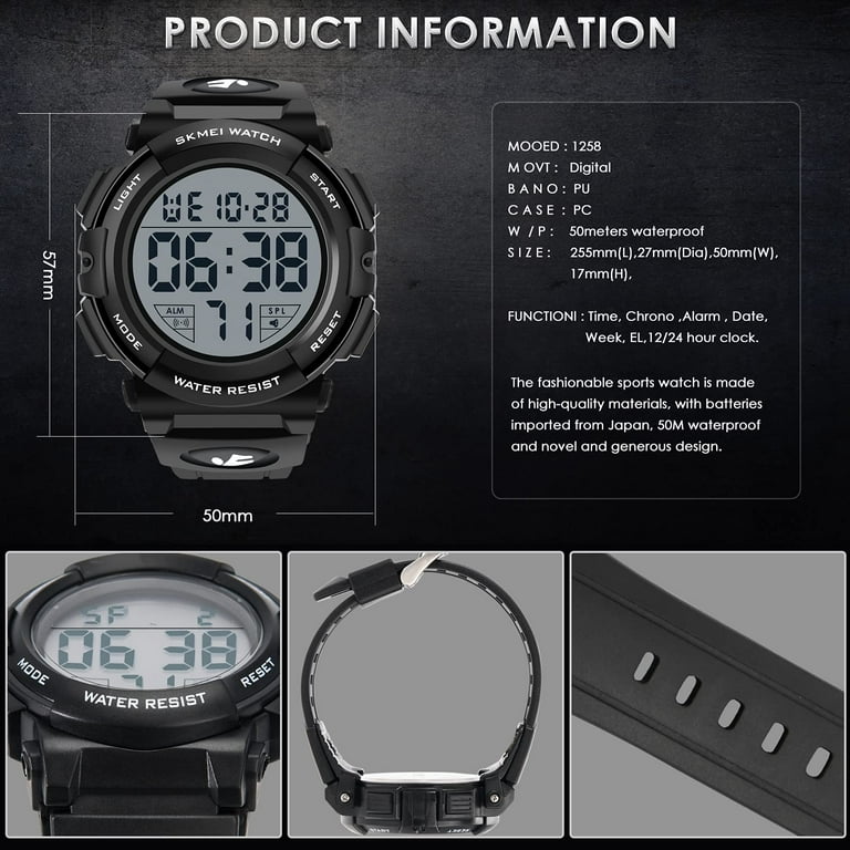 Skmei Men's Digital Sports Watch, Military Waterproof Watches LED Screen Large Face Stopwatch Alarm Wristwatch