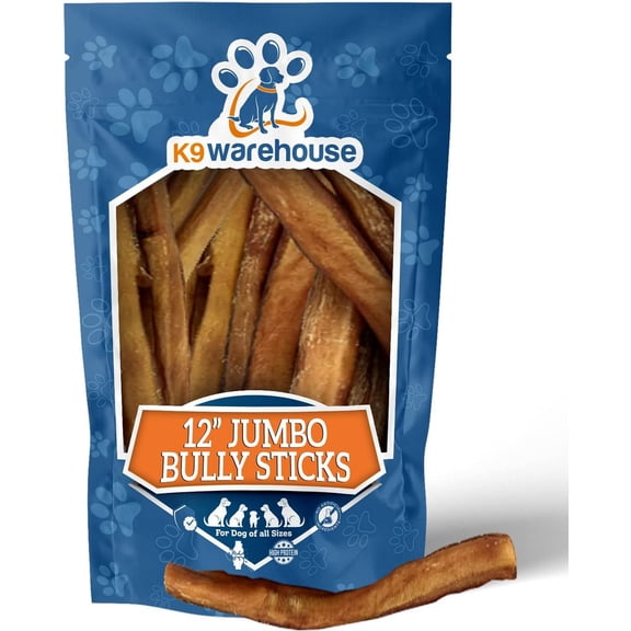 K9warehouse - Premium Jumbo Bully Sticks - 12 inch (3 Count,56-75g)- Natural Grass Fed Beef Chews - High Protein & Vitamin-Rich - Thick and Long Lasting Dog Treats - Suitable for All Breeds & Puppies