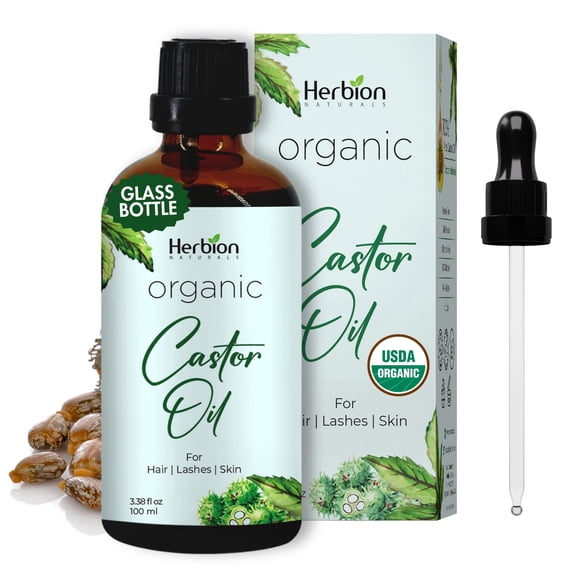 Herbion Naturals Organic Castor Oil (3.3 Oz), USDA Certified Organic, 100% Pure, Cold Pressed, Hexane-Free, Glass Bottle with Dropper