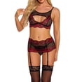 thumbnail image 4 of Conjunto de lencería sexy de encaje para mujer, ropa interior de malla hueca, sujetador, ropa de dormir, rojo vino, M Yuarrent XX000092-07, 4 of 7