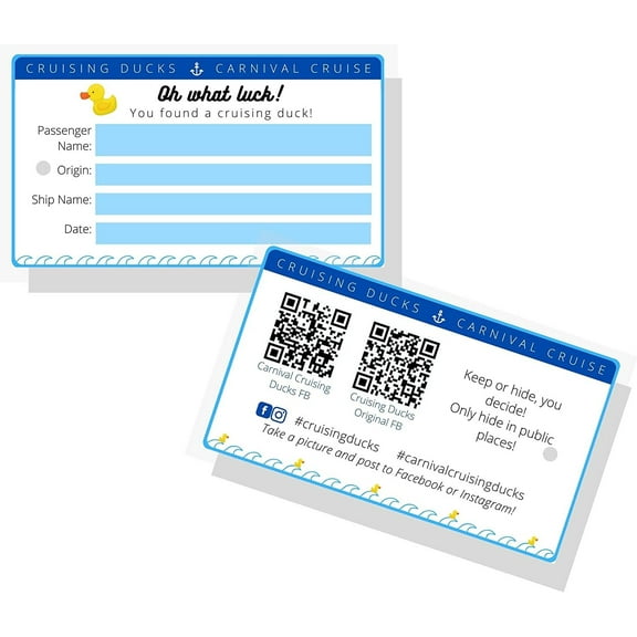 Cruising Ducks Tag with Hole  30 Pack  Double Sided with Facebook QR Codes  Tags 2 x 3.5" inches Business Card Size  #CruisingDucks Oh What Luck!