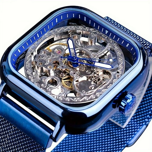 Luxury Men's Mechanical Watch - Engraved, Luminous Hands, Stainless Steel Mesh Band, Hand-Winding Skeleton Design