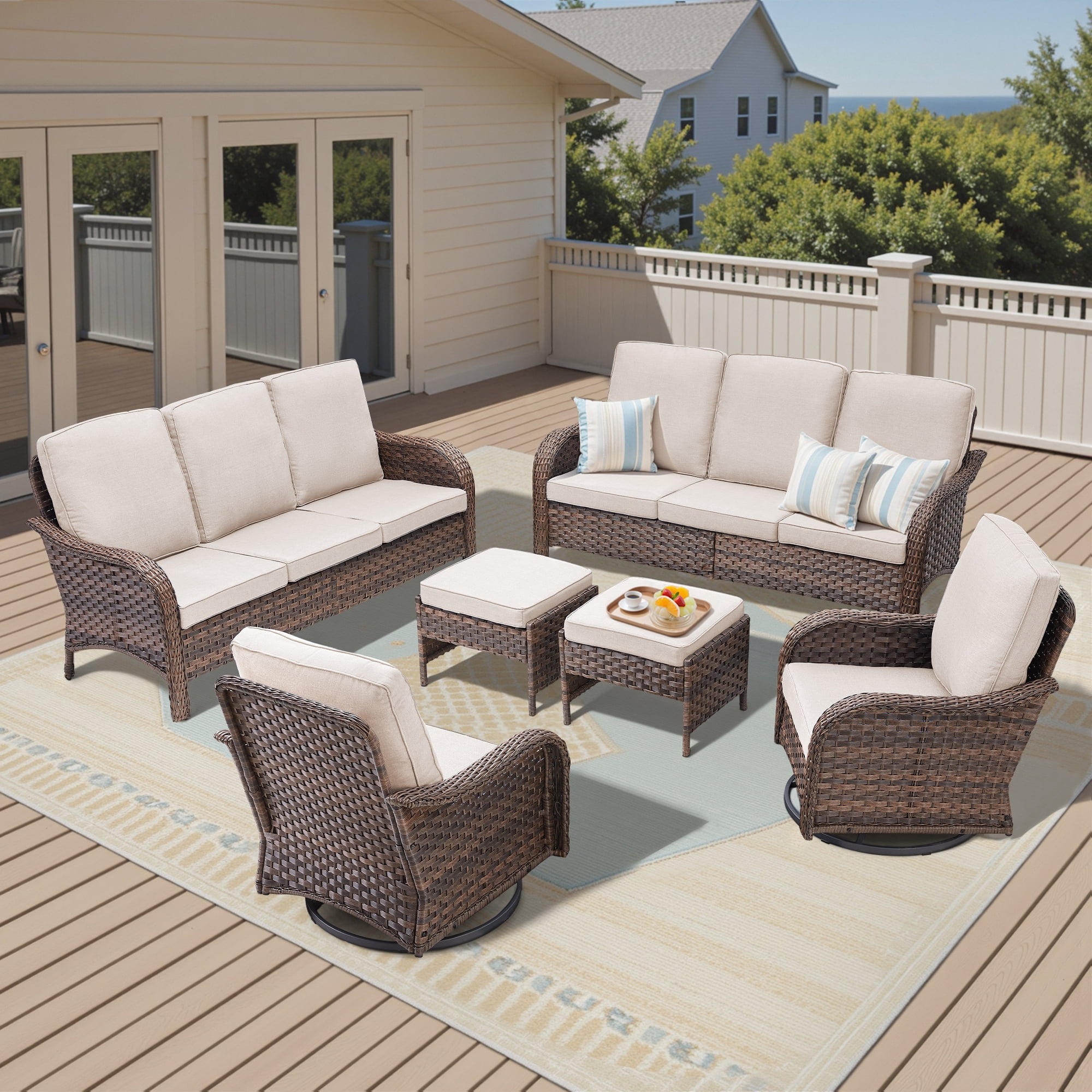 Lumiinofami Patio Wicker Furniture Set of 6, Outdoor Swivel Rocking Chairs and Ottomans Set with Beige Cushions for Porch Garden Balcony