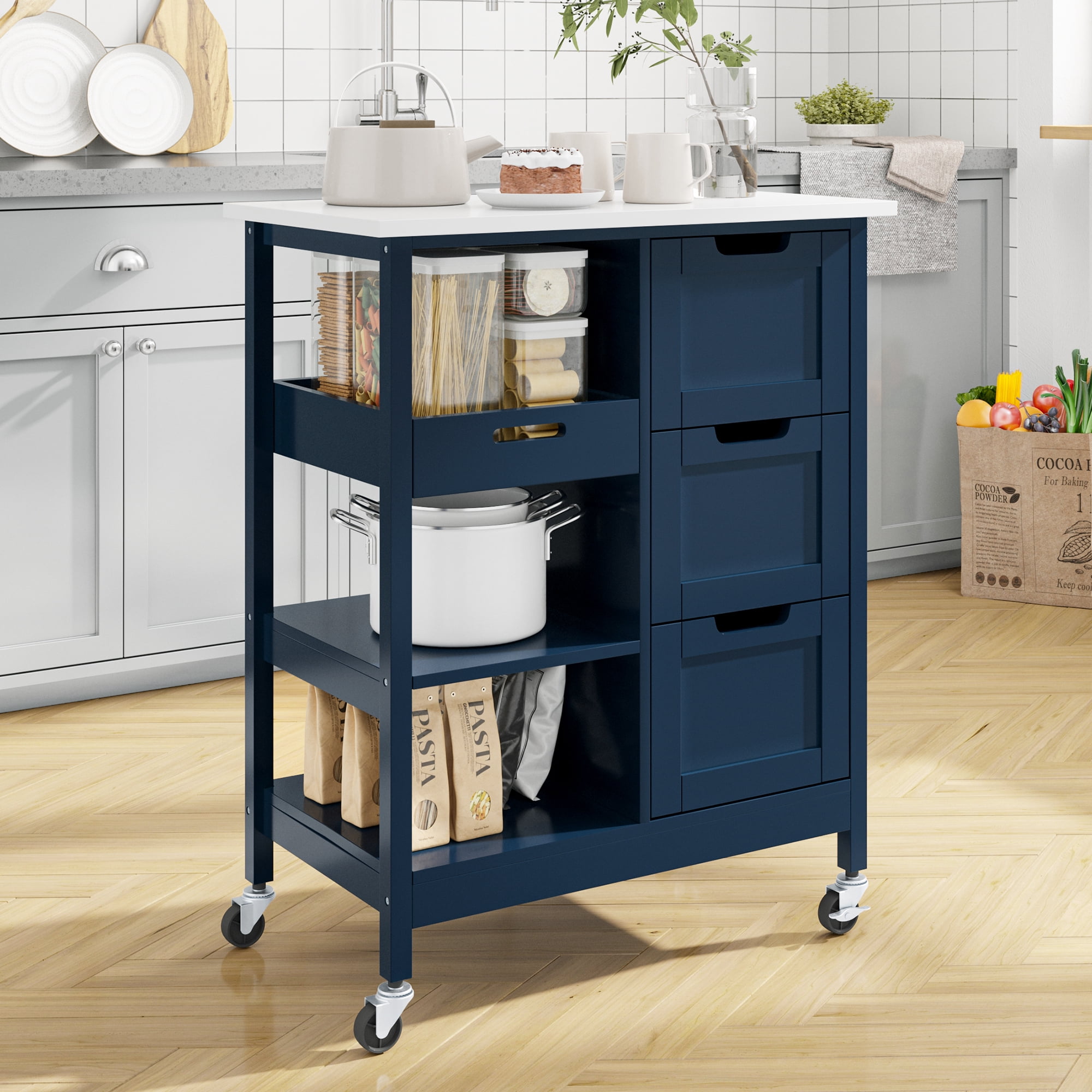 Dextrus 3-Tier Kitchen Storage Cart with Large Countertop, Rolling Kitchen Island Cart , Blue