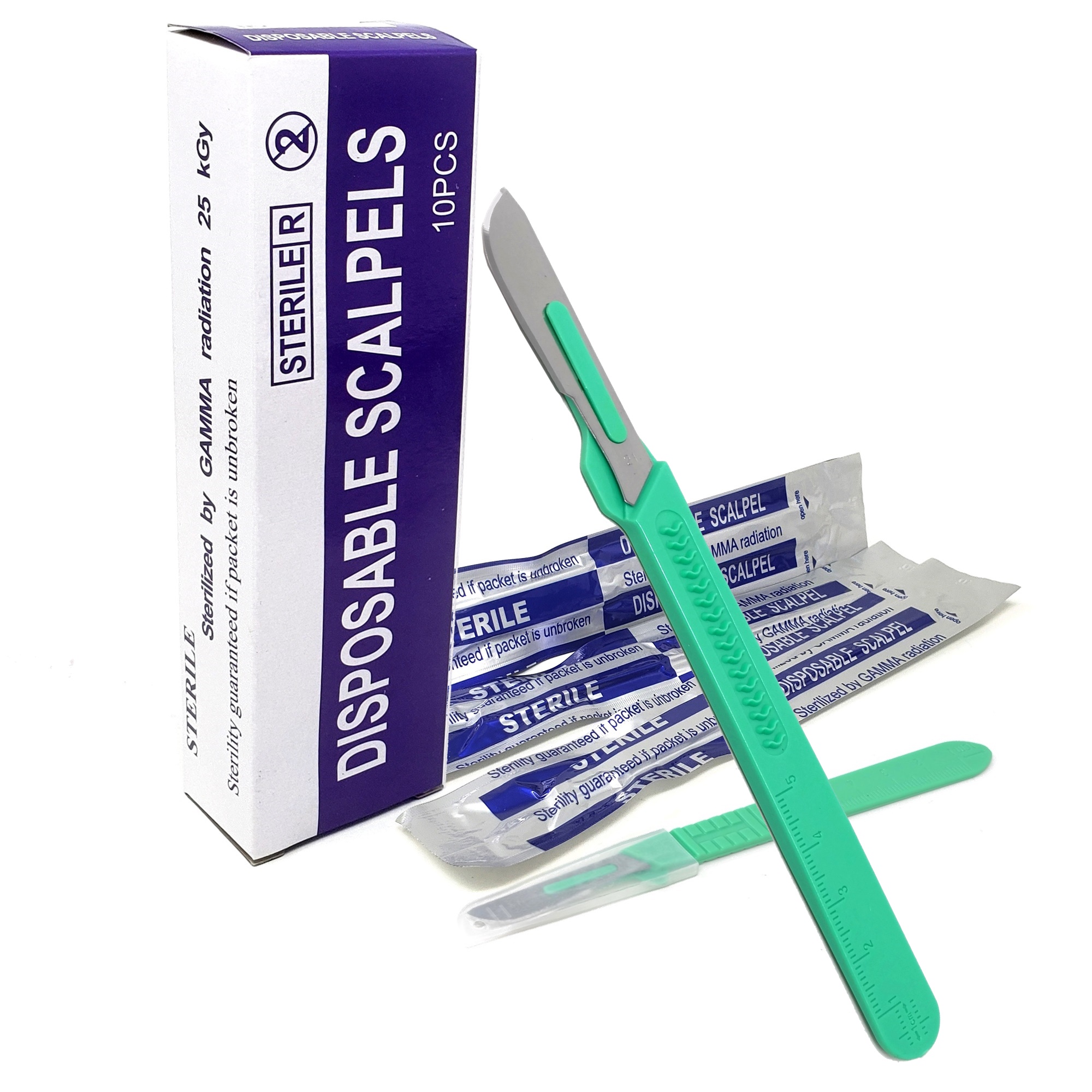Disposable Scalpels 21 with Graduated Handles, CarbonSteel Blades, Sterile, Easy Peel Pouches