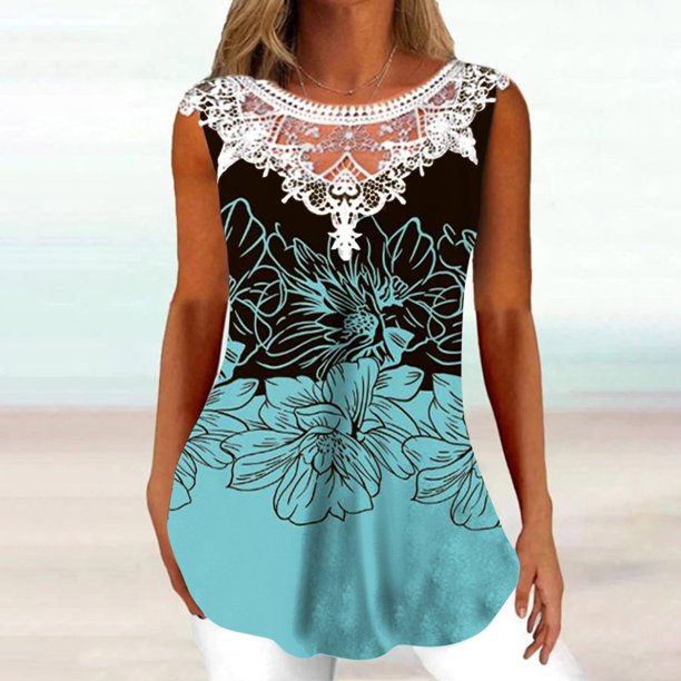 ICHUANYI Clearance Women Fashion Summer Sexy Fold Printed Regular Lace Sleeveless V Neck Button Top(Green, XXL) ICHUANYI WER2023080700640
