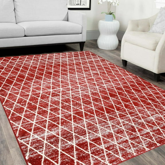 Handcraft Rugs-Moroccan Trellis/Diamond Pattern Area Rug- Red/White/Gray