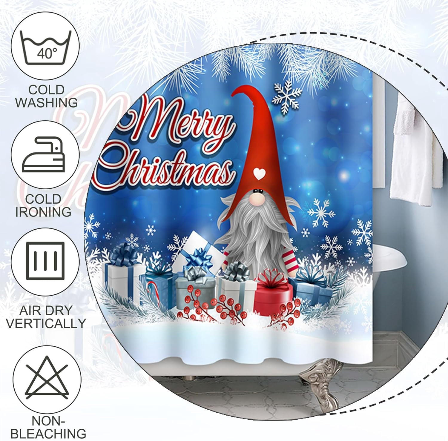 Merry Christmas Shower Curtain Set Winter Holiday Xmas Gifts Red Gnome Snowflake Vintage Farmhouse Shower Curtain for Bathroom Bathtubs with Hooks 84x72 Inches Polyester Waterproof Fabric