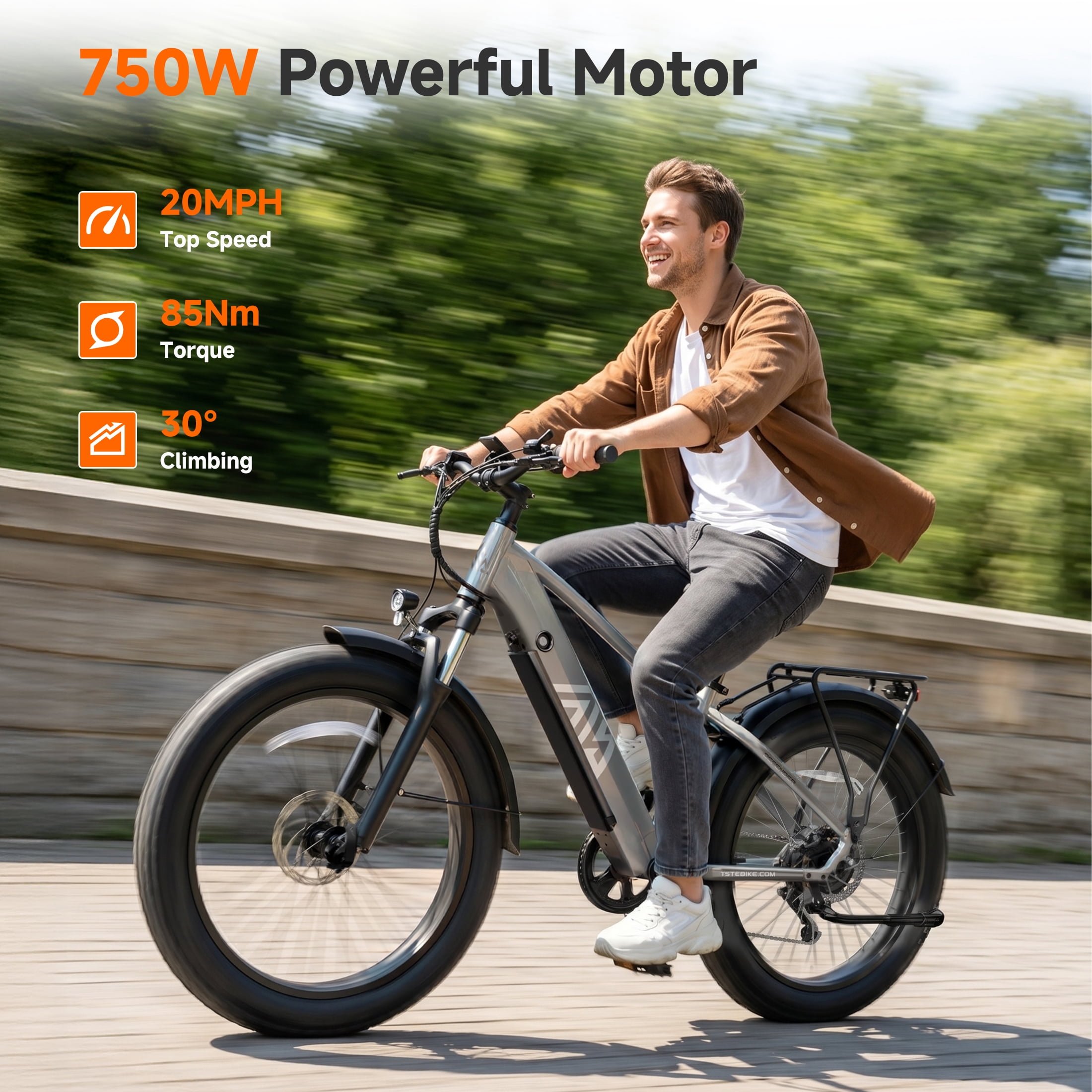 TST Electric Bike for Men, 750W E-Mountain Bike, 26" Fat Tire Electric Bike with 48V/15Ah Battery UL2849, 65Miles Long Range, 7-Speed Gear, 20mph Fast Ebike