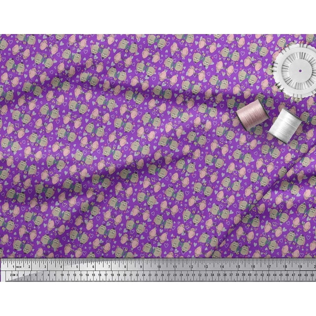 Soimoi Purple Poly Georgette Fabric Hearts & Owl Bird Print Fabric by Yard 42 Inch Wide
