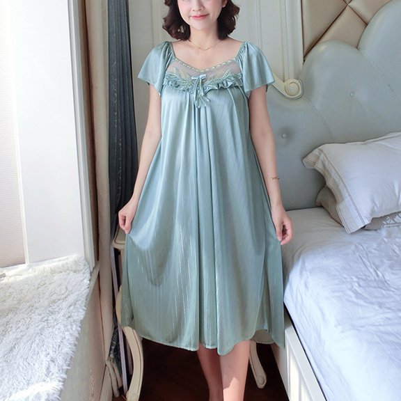 Blmnix Sleep Dresses Sleep Shirts for Women Satin Nightgowns Lace Nightgown Sleep Shirt Below-the-Knee Square Neckline Green Short Sleeve Mumu Nightgown for Women