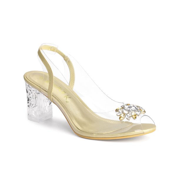 Perphy Women's Clear Slingback Rhinestone Peep Toe Block Heels Sandals
