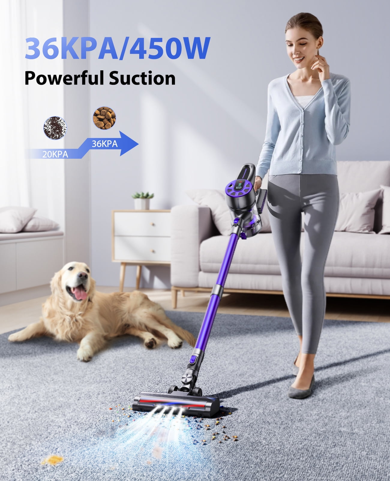Cordless Vacuum Cleaner,55mins 36KPa  with LED Display, Lightweight  for Carpets Floors Pet Hair Home