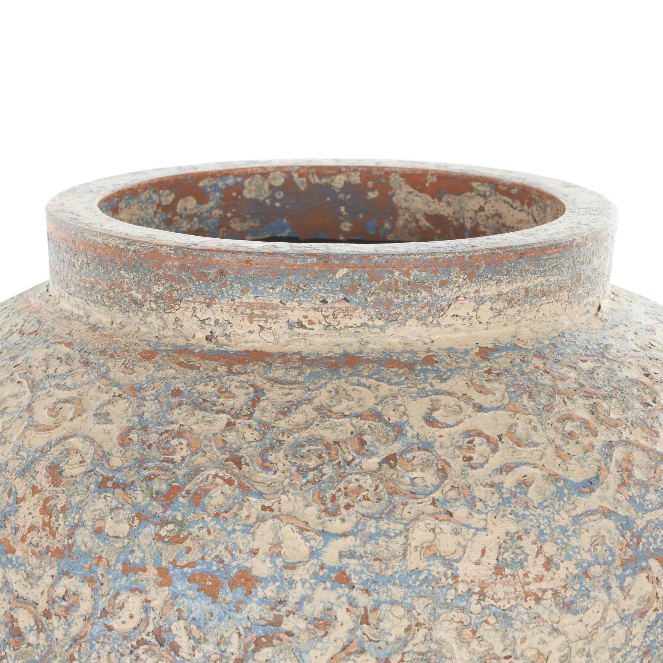 DecMode 10" Scroll Handmade Antique Style Wide Rounded Beige Ceramic Vase with Blue and Copper Accents