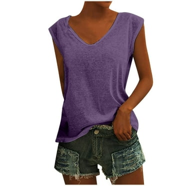 QLEICOM Womens Casual Loose Soft Cap Sleeve Solid T-Shirt Blouses Shirts Tops Purple L, US Size 8