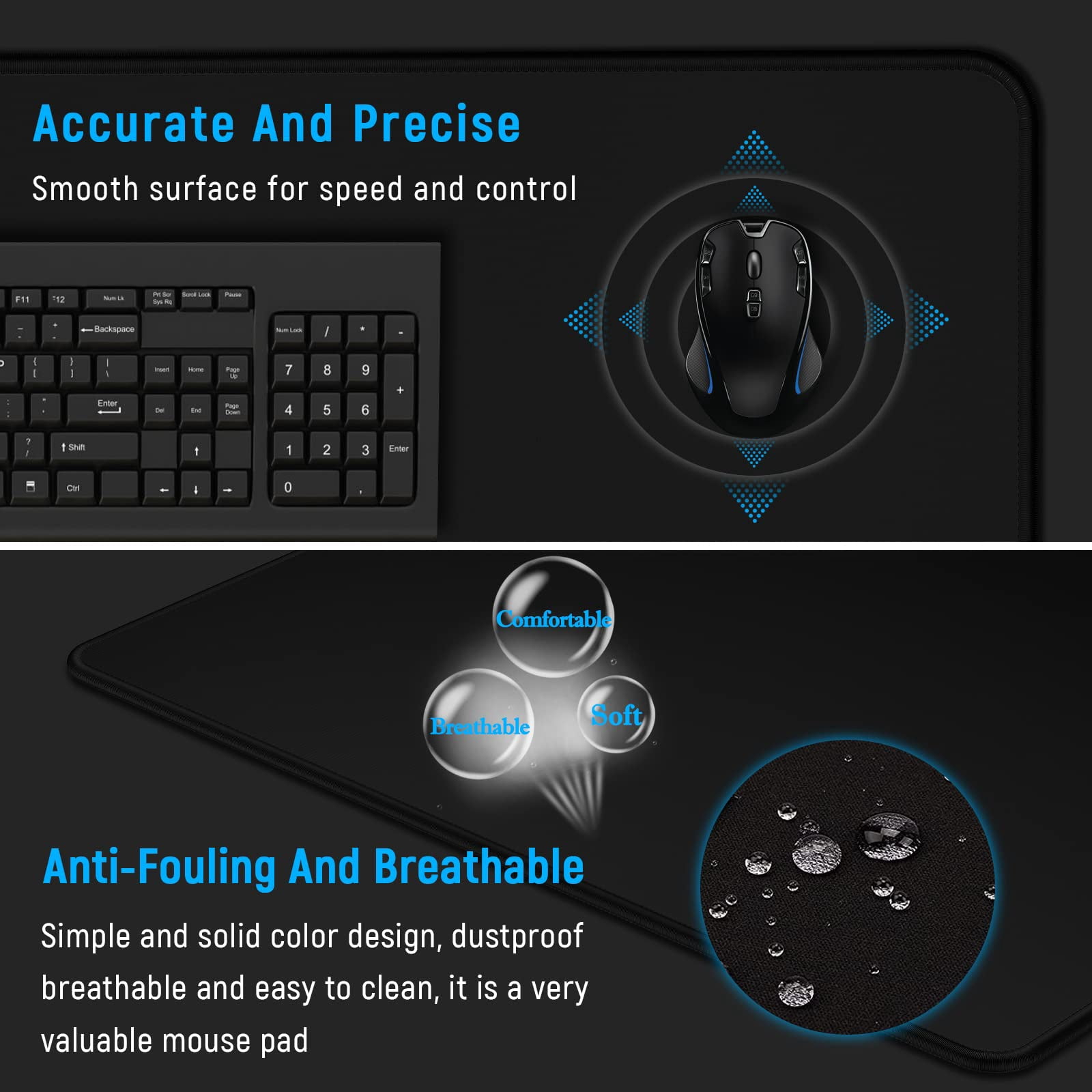 Large Gaming Mouse Pad  Xxl Desk Mousepad With Stitched Edges Non-slip Base For Gamer Office & Home Classic Black