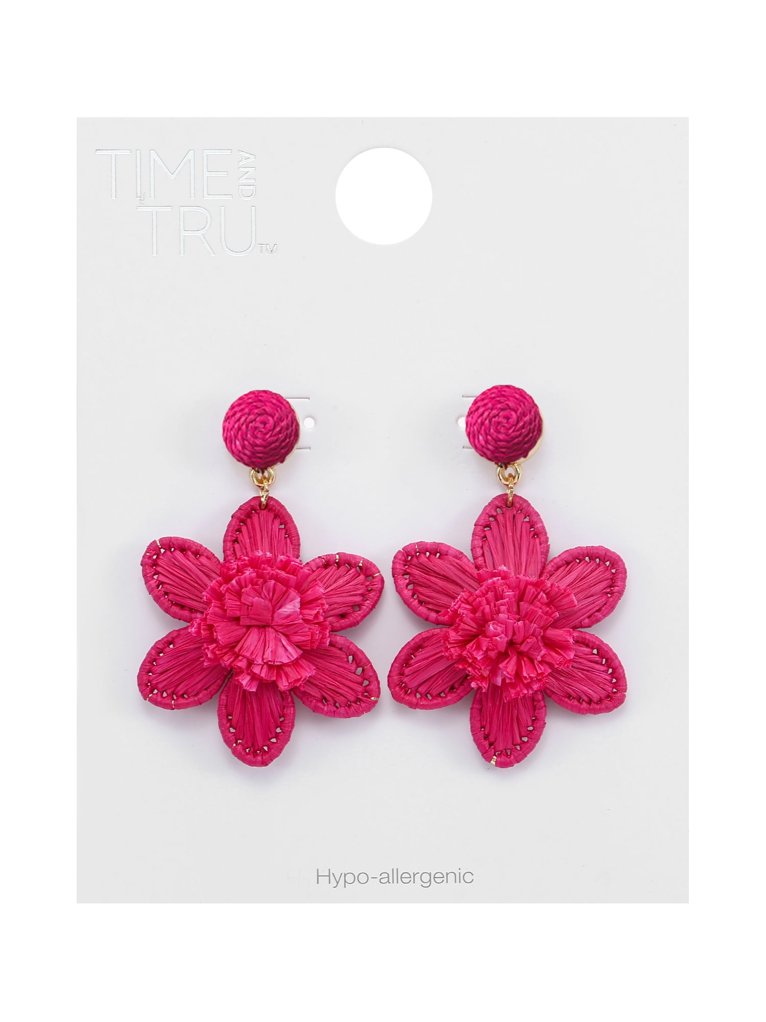 Time and Tru Women's Magenta Raffia Flower Earrings, 1 Pair