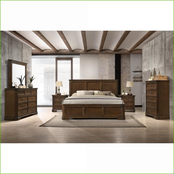 Bedroom Furniture Set King Size 6-Piece Traditional Antique Walnut with Bed, Dresser, Mirror, 2 Nightstands, Chest | Solid Wood | Double Dressers