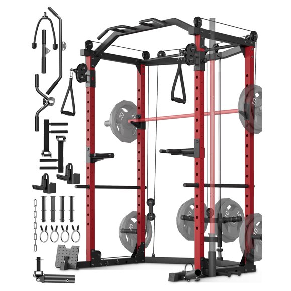 Yiwa Cage d'Alimentation 1600 Lb, Support de Squats Multifonction pour Gym à Domicile avec Croisement de Câbles et Accessoires d'Entraînement