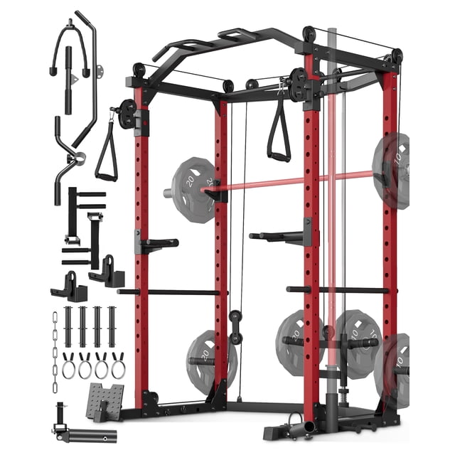 Power Cage Squat Rack 2000LBS - Heavy Duty Home Gym with Dual Pulley Cable Crossover, Multi-Functional Strength Training Equipment (Red/Black)