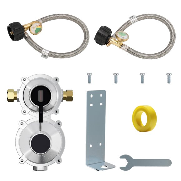 Solimeta RV Dual Cylinder Gas Regulator - 2-Stage Seamless Changeover Valve with 2PCS 15" Stainless Steel Hoses for Campers & Trailers,Vans/Trail