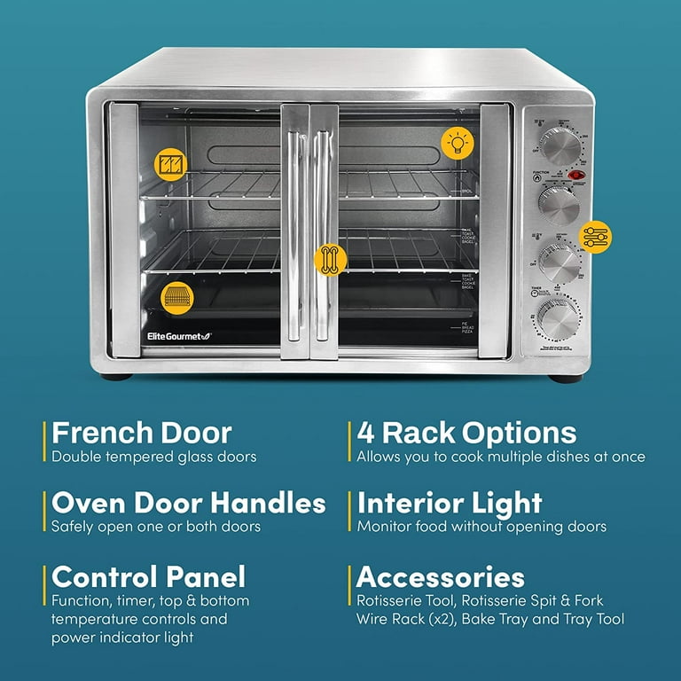 Elite Gourmet ETO4510B# French Door 47.5Qt, 18-Slice Convection Oven  4-Control Knobs, Bake Broil Toast Rotisserie Keep Warm, Includes 2 x 14  Pizza