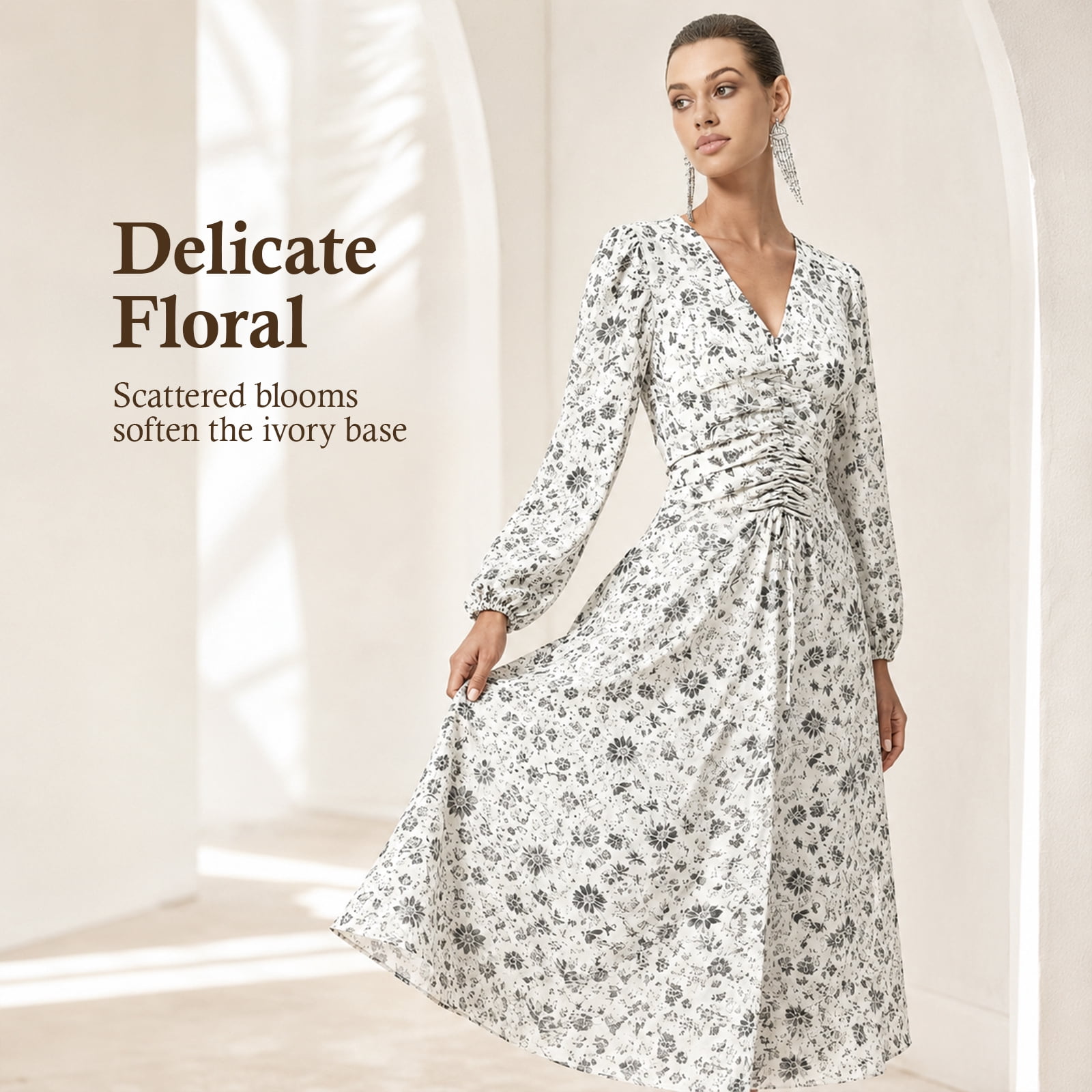 Alvantor Women's Ivory Multi Floral Midi Dress with V-Neck, Long Sleeves and Ruched Waist