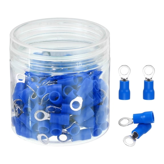Uxcell 100Pcs Insulated Ring Terminal RVS2-4 Battery Lugs 16-14AWG Electrical Crimp Terminals Eyelet Wire Connectors for Industrial, Electrical Wiring, Blue