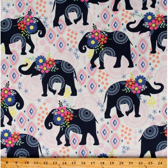 Cotton Elephants Patterns Animals African Flowers Trunk Show White Cotton Fabric Print by the Yard (CX9501-NAVY-D)