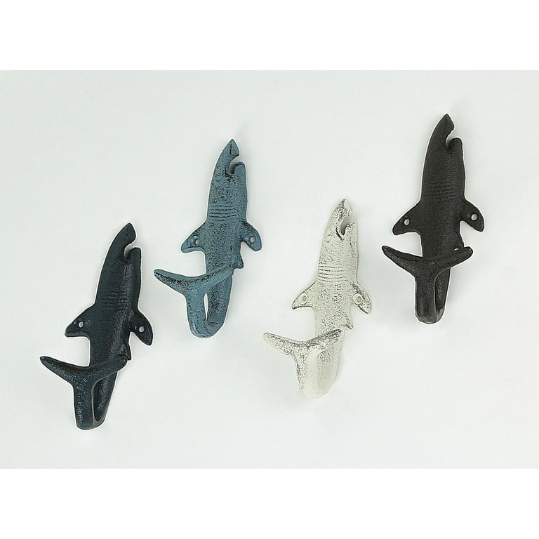 Zeckos Cast Iron Blue Coastal Shark Wall Mounted Hook Coat Hangers Set of 4 Walmart