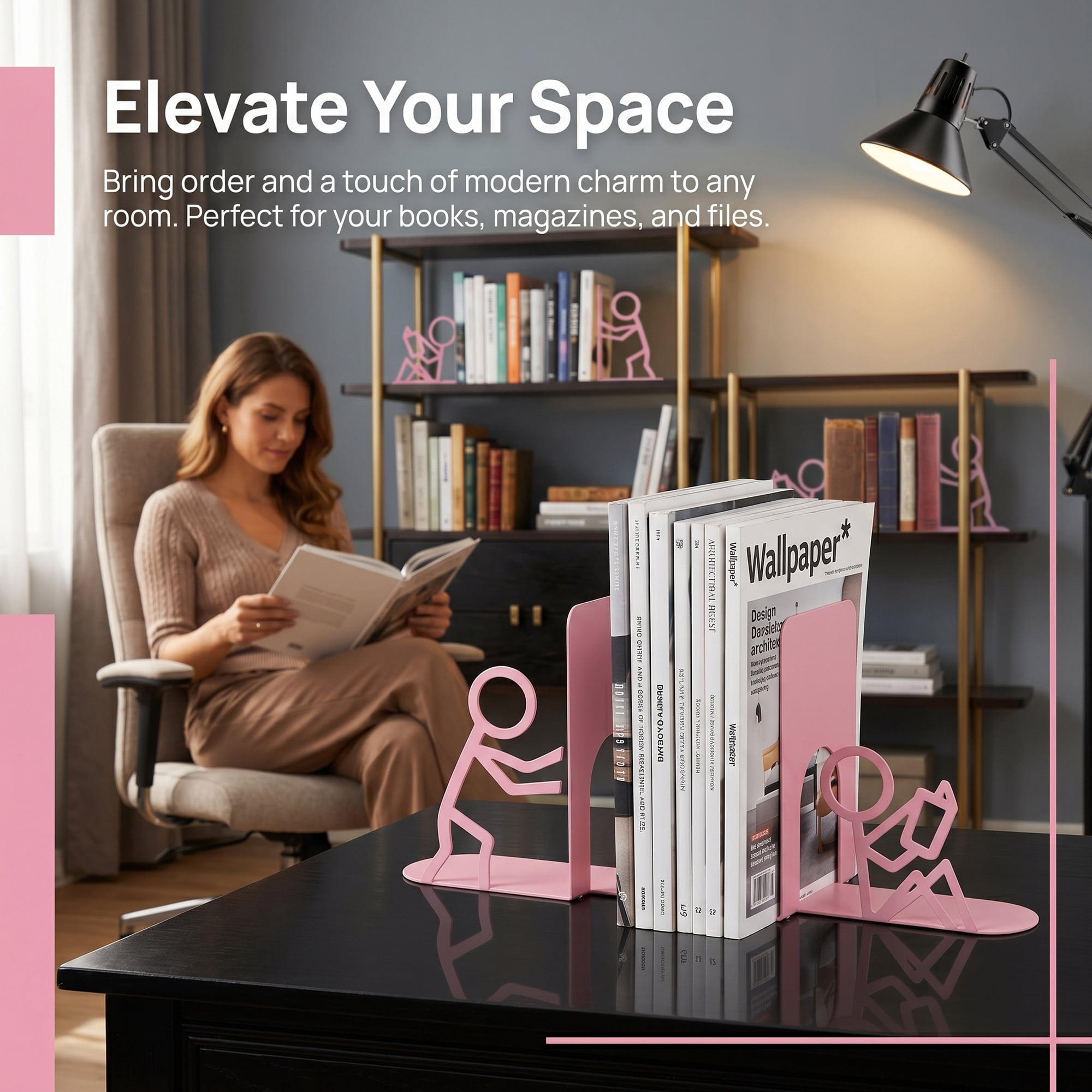 Unique Bargains 2Pcs Decorative Metal Minimalist Humanoid Book Ends Pink 3.1*2.5*7.7inch