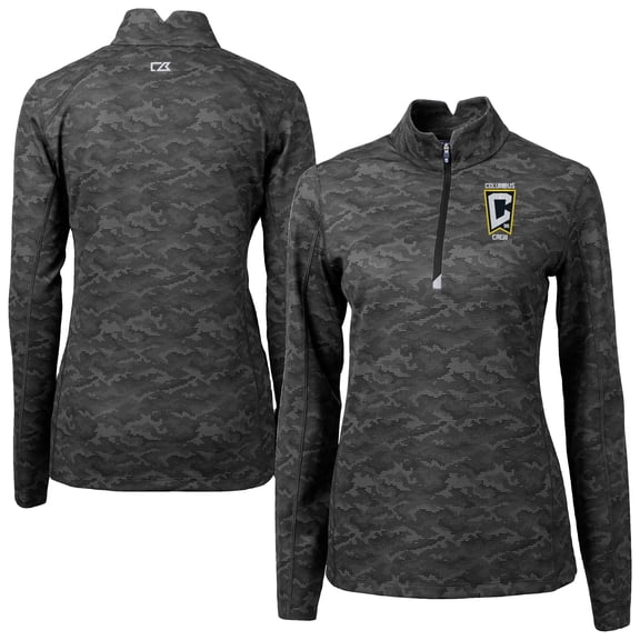 Women's-Cutter & Buck  Black Columbus Crew Traverse Stretch Eco Camo Print Quarter-Zip Pullover Top