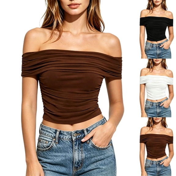 Favoffer Womens Off Shoulder Tees Irregular Hem Short Sleeve Slim Fitted Casual Tops Fashion Blouses For Street Dating Party Vacation Daily