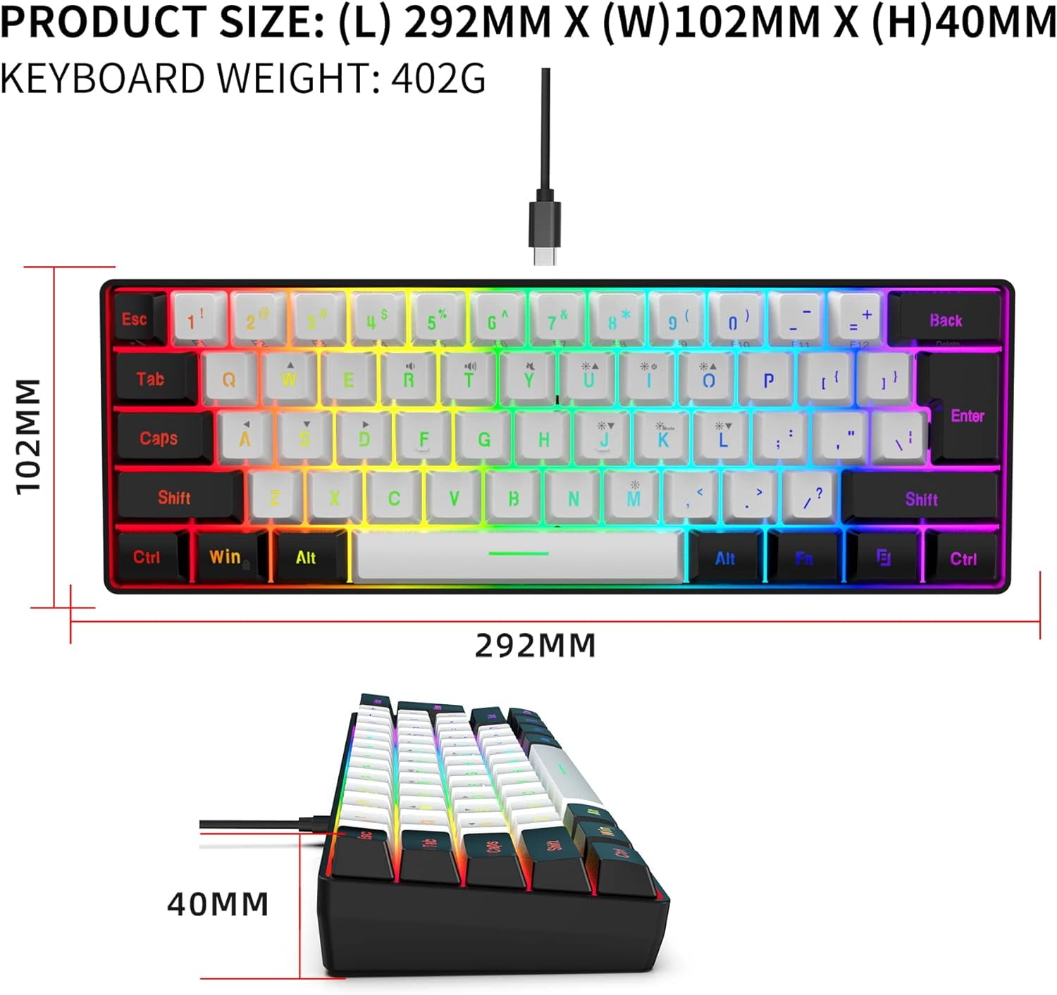 SnpurTech Compact USB-C Gaming Keyboard, Black&White