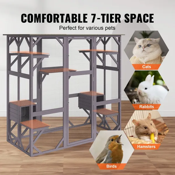 Outdoor Cat House 7 Tier Large Catio Enclosure with 5 Platforms 2 Resting Boxes and Large Front Door 71.2 x 34.6 x 66.5 Inches