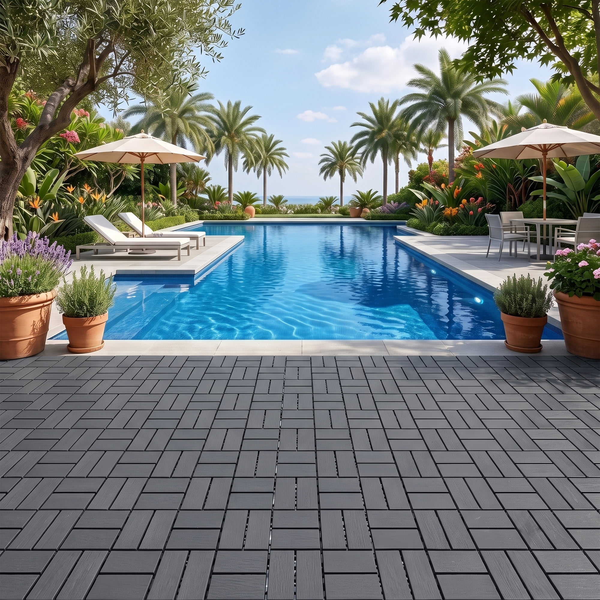 Plastic Interlocking Deck Tiles, 44 Pack 12"x12" Waterproof Non-Slip Outdoor Patio Flooring, All Weather Drainable Snap Together Decking Tiles for Poolside, Porch, Garden, Backyard & Shed Floor
