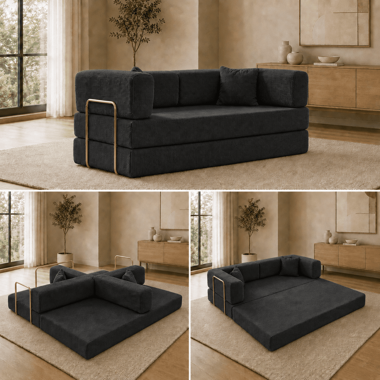 FKECHI 80" Convertible Sofa Bed,5-in-1 Convertible Futon Sofa Bed Boneless Couch for Living Room,Black