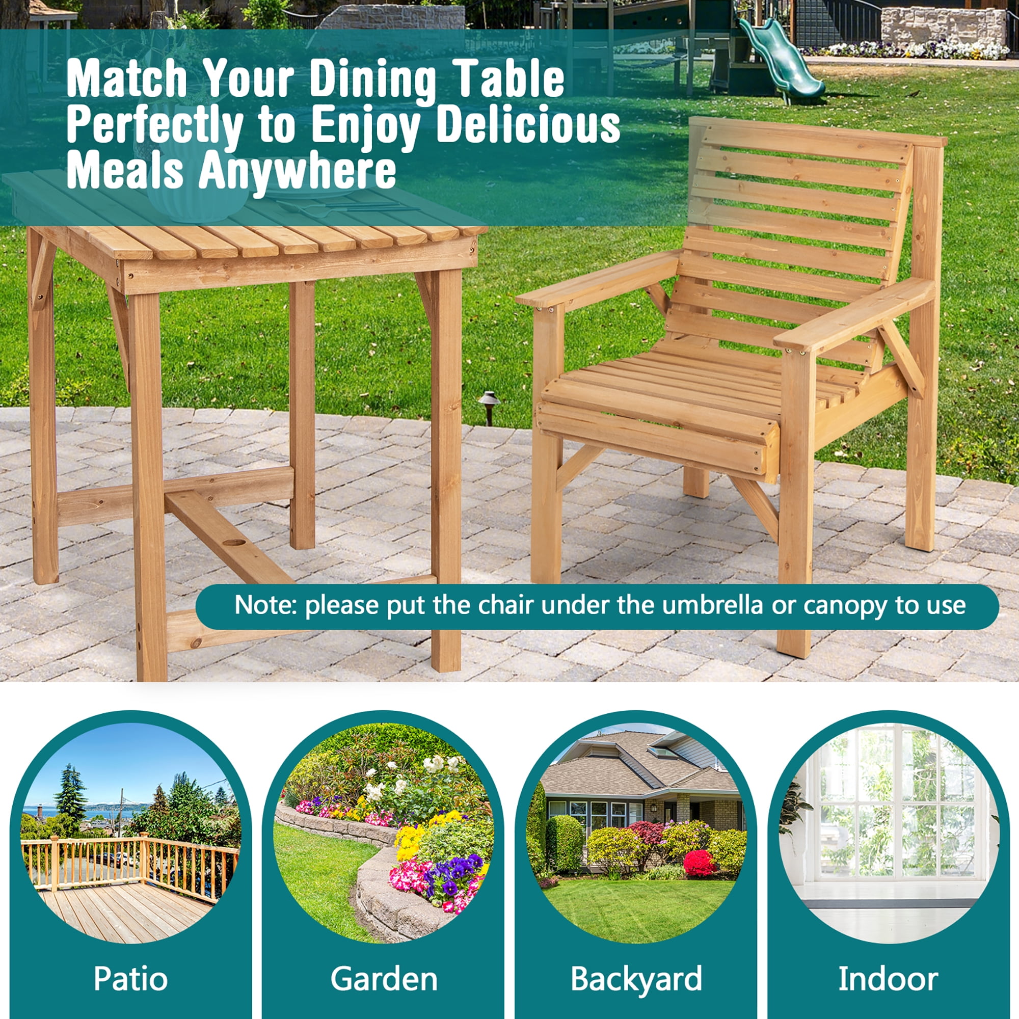 Costway Patio Fir Wood Chair Dining Inclined Backrest Garden Backyard Indoor Natural