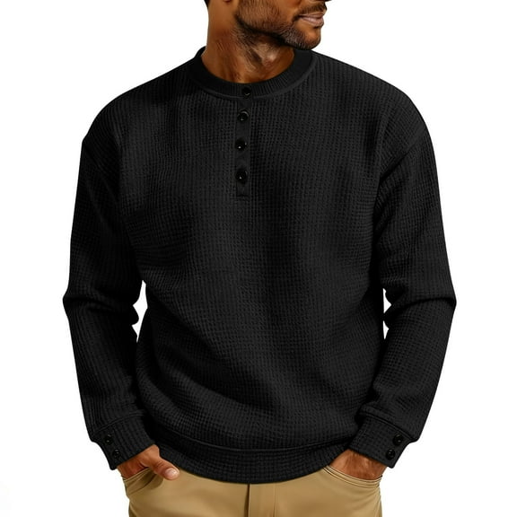 QSAWXQZ Men's Thermal Shirt Long Sleeve Solid Quarter Button Crewneck Pullover Top for Spring Black S