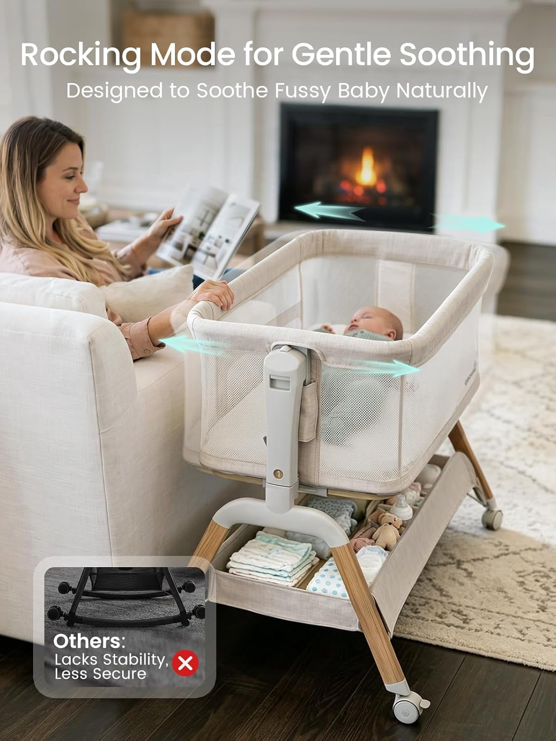 GROWNSY Baby Bassinet Bedside Sleeper with Gentle Rocking Mode, 6 Adjustable Heights, Full Breathable Mesh, Convertible to Portable Crib, Bassinets with Mattress & Wheels, Beige