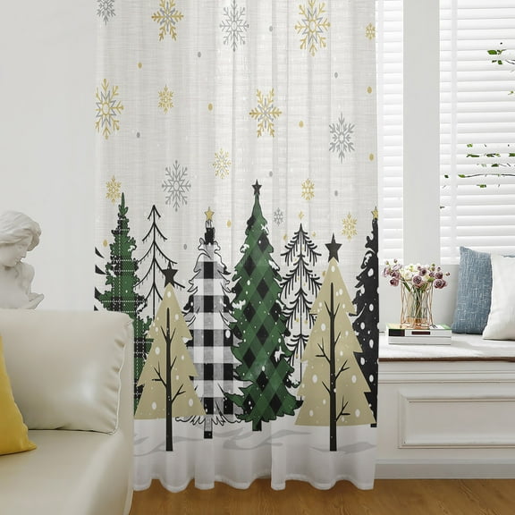 Christmas Tree Semi Sheer Curtains Drapes for Living Room,Bedroom,French Doors Window 54 Inches Long,Green Beige Black Xmas Tree Winter Snowflake Rod Pocket Chiffon Curtain Drapery Voile Drape Panel