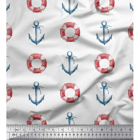 Soimoi White Rayon Fabric Life Ring & Anchor Hook Nautical Decor Fabric Printed Yard 56 Inch Wide