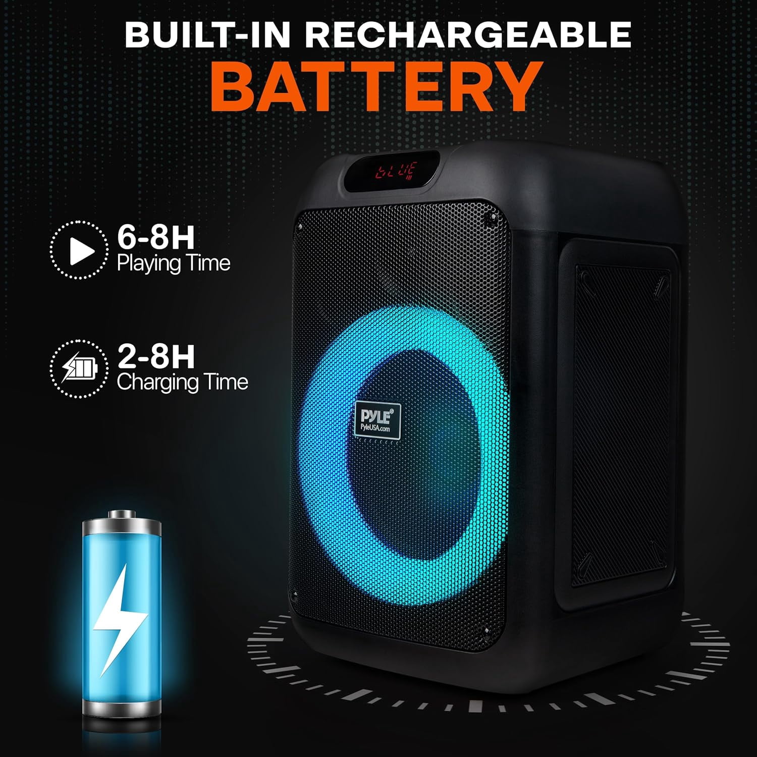 Pyle Portable Bluetooth Party Speaker, 8" Woofer, TWS, 100W, Rechargeable, Mic Input, Echo, Bass/Treble Control, USB/SD/BT/FM, LED Lights, Indoor/Outdoor