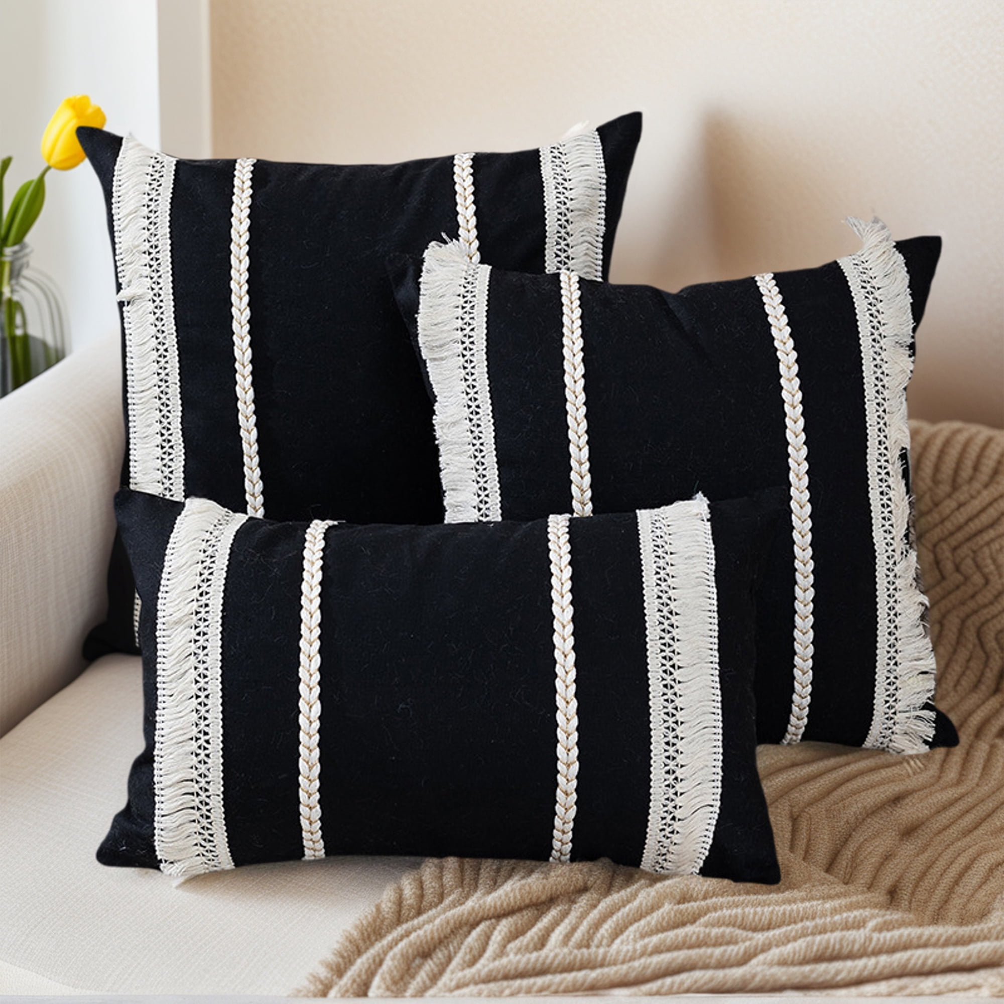 Unique Bargains 4 Pcs Boho Modern Textured Pillow Cover Black/Yellow 12" x 20"